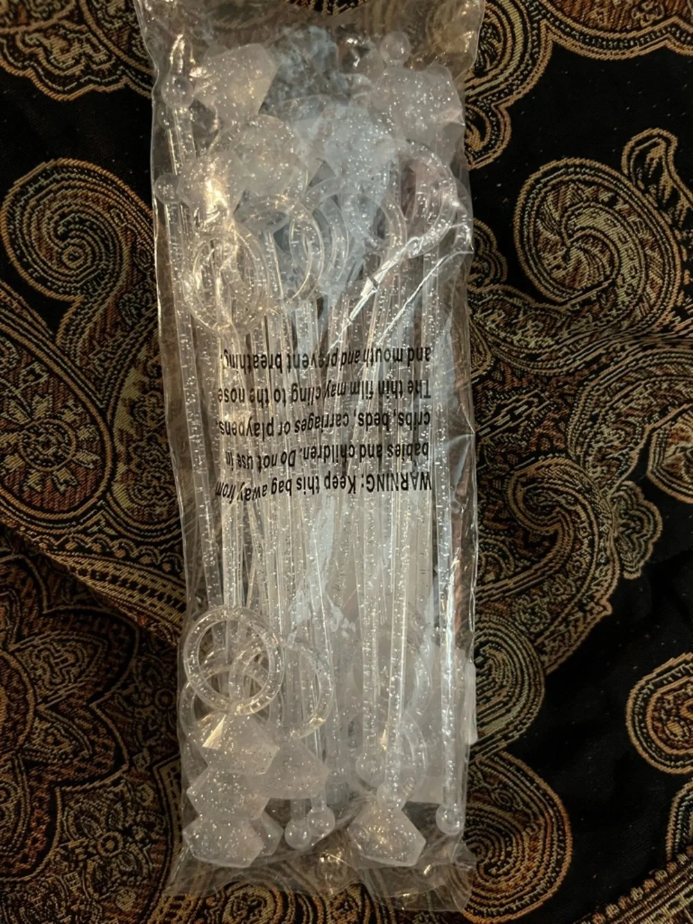 Clear Crystal-Look Engagement ring drink stirrers with silver specs
